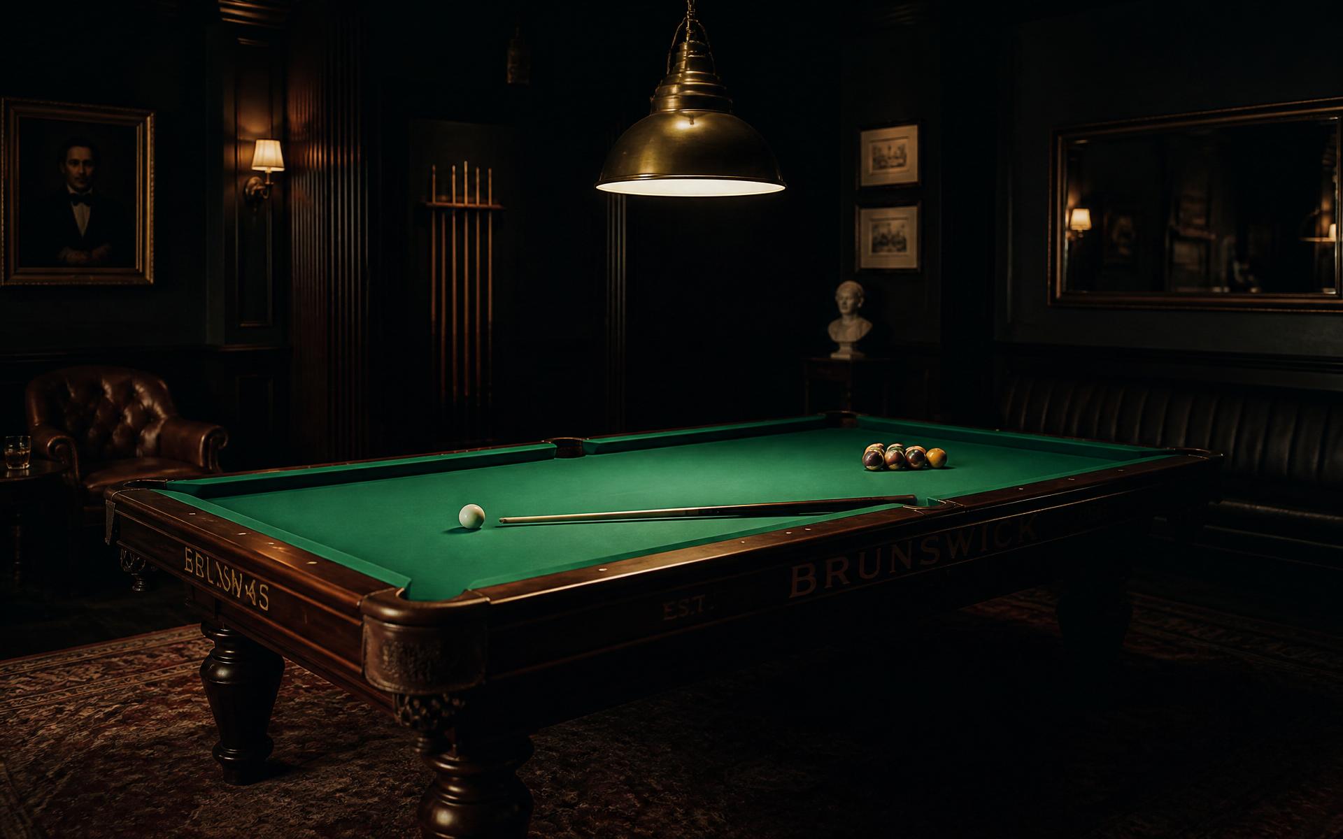 A dark, atmospheric billiard room with a Brunswick pool table under a brass pendant lamp