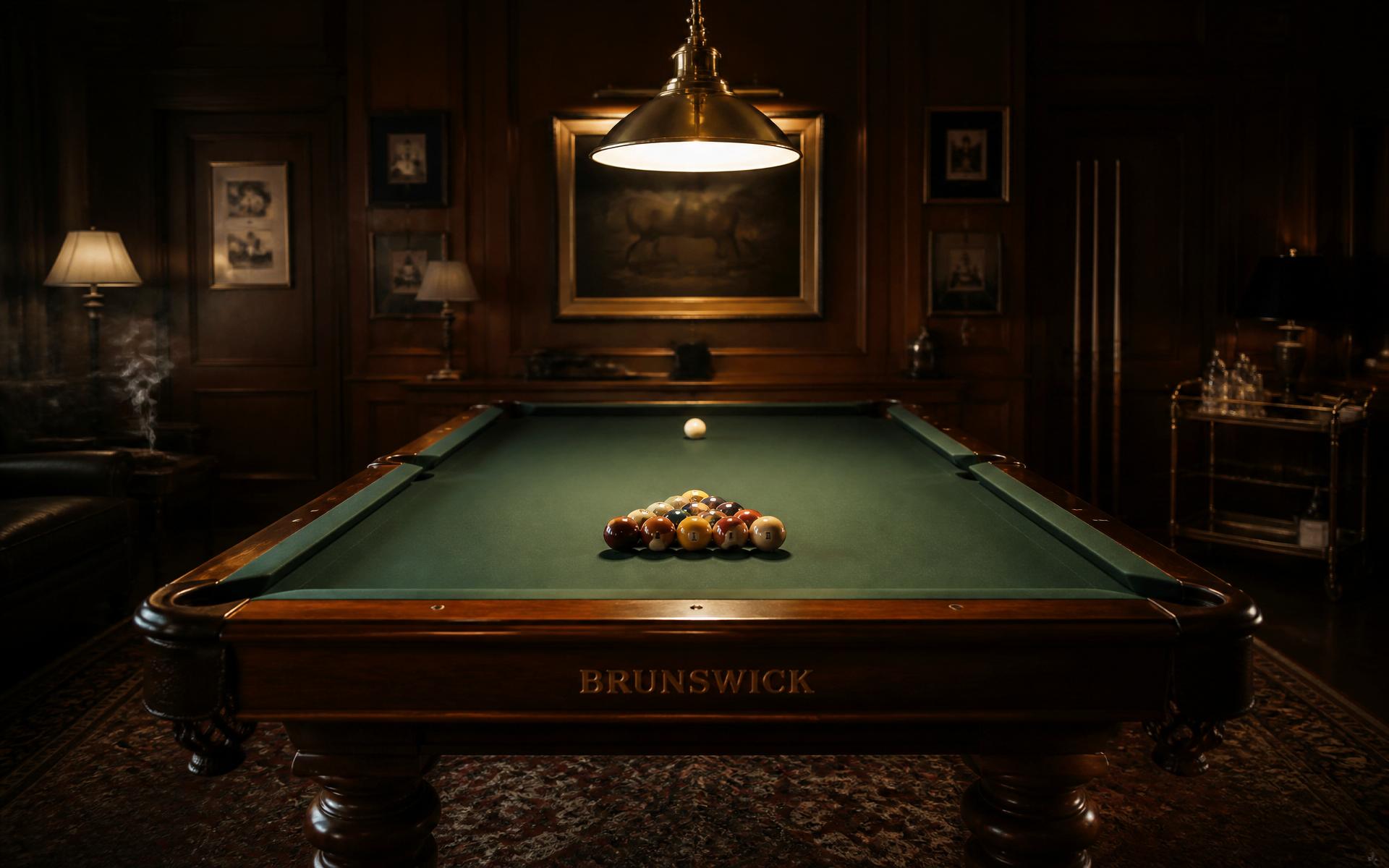 A Brunswick pool table in a dark, wood-paneled billiard room